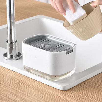 Kitchen Dish Soap Dispenser with Sponge Holder, 2-in-1 Countertop Soap Pump Dispenser, Soap Dispenser for Kitchen Sink with 2-Packs Wire Dishwashing Rag,White