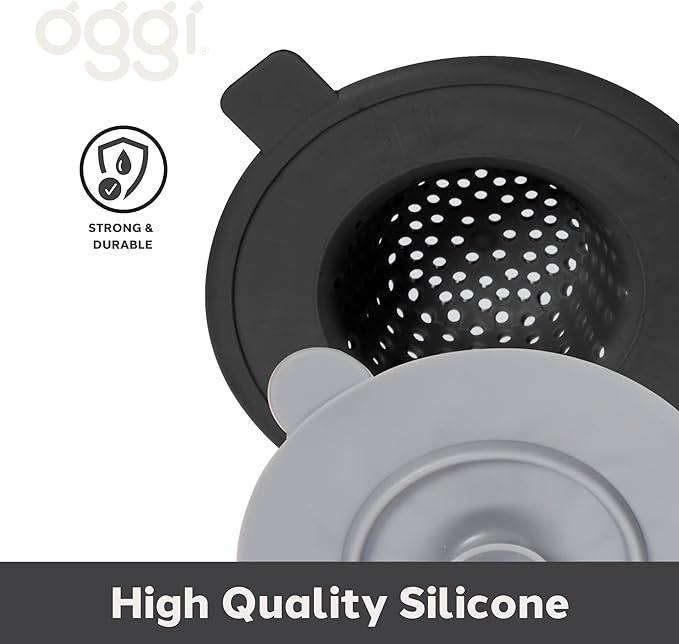 OGGI Silicone Sink Strainer & Stopper Set- Great Kitchen Sink Strainer, Silicone Drain Stopper, Sink Drain Strainer, Sink Plug 4.6˝ Diameter Rim, Black