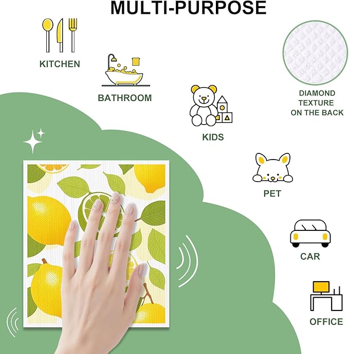 Swedish Dishcloths for Kitchen, 6 Pack, Reusable Paper Towels Washable, Super Absorbent Dish Drying Rags, Fast Dry Non-Scratch Cloths for Washing Dishes, Biodegradable