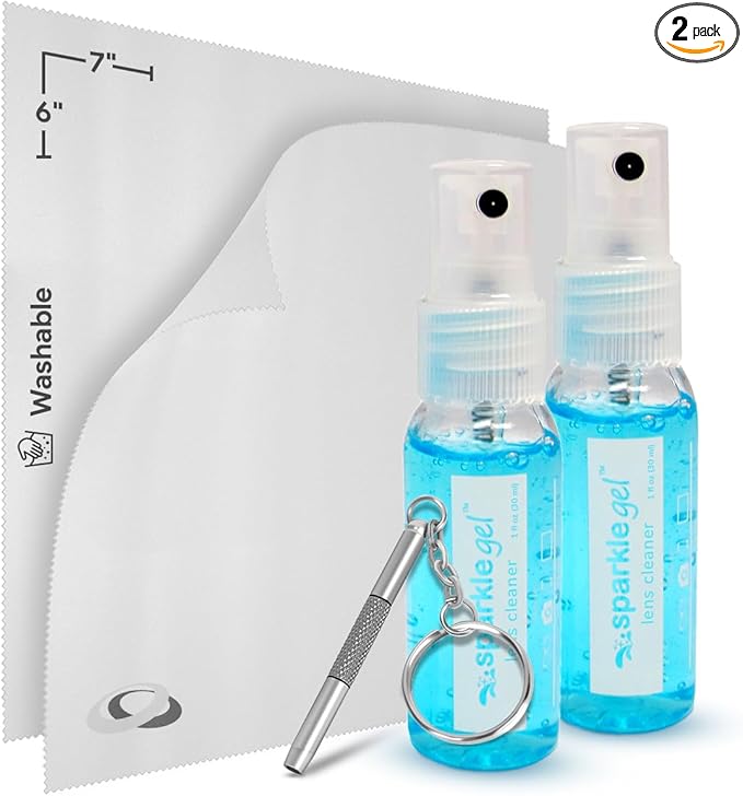 Sparkle Anti-Reflective Safe Gel Lens Cleaner & Repair Kit – (2) 1oz Glasses Cleaner Spray, (2) Microfiber Cloth & Keychain Screwdriver for Eyeglasses, Lenses & Screens (5 Piece Set)