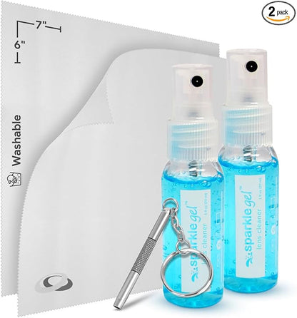Sparkle Anti-Reflective Safe Gel Lens Cleaner & Repair Kit – (2) 1oz Glasses Cleaner Spray, (2) Microfiber Cloth & Keychain Screwdriver for Eyeglasses, Lenses & Screens (5 Piece Set)