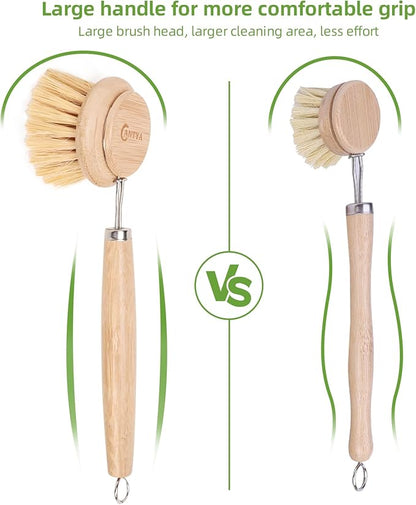 Bamboo Scrub Brush with Handle - Soft Bristles, Non Toxic Dish Brush, Compostable & Biodegradable, Bamboo Dish Scrubber for Cookware, Bowls and Plates, Non-Stick Pans