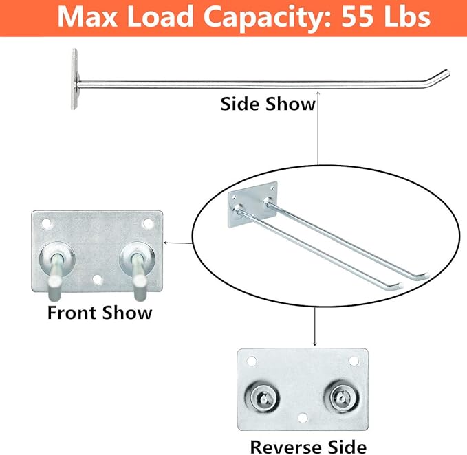 Wall Mounted Steel Long Handled Tools Storage Hooks, 12 Inch Steel Garage Utility Double Rack Organizing Ladders, Rakes, Hose, Shovel, Brooms, Max Capacity 55Lbs (Pack of 4)