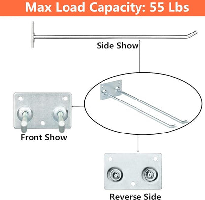Wall Mounted Steel Long Handled Tools Storage Hooks, 12 Inch Steel Garage Utility Double Rack Organizing Ladders, Rakes, Hose, Shovel, Brooms, Max Capacity 55Lbs (Pack of 4)
