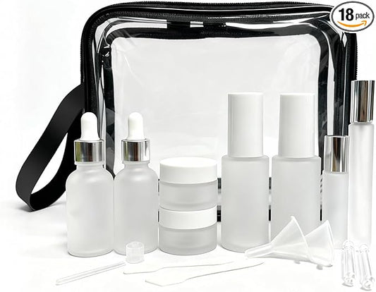 18-Pack Glass Travel Bottles Set, 1.35/0.7/1 oz TSA Approved Containers with Pump Spray, White Small Bottles for Toiletries, Makeup, Skincare