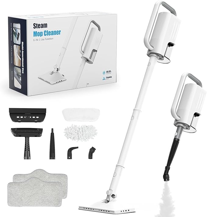6-in-1 Steam Mop, 1200W Rotated Steam Cleaner for Home, 2 Modes, 400ML Removable Tank, 23FT Power Cord, 2 Pads, Multi-Surface Steamer for Hard Floor, Laminate Floor, Tiles Cleaning (First Frost)