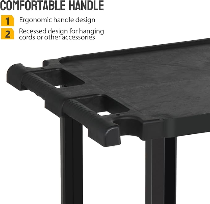 TUFFIOM 3-Tier Plastic Service Utility Cart, Rolling Flat Cart with Wheels, Large Capacity, Multi-function Handle Storage and Mute Flexible Wheels with Braker, Great for Office Warehouse Garage, Black