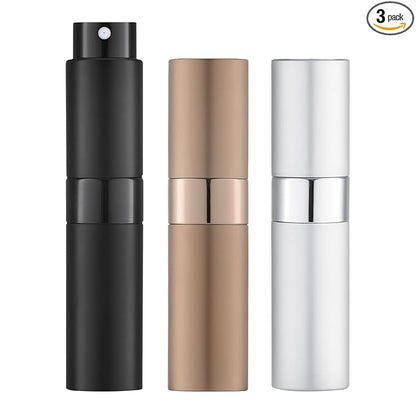 LISAPACK 8ML Atomizer Perfume Spray Bottle for Travel (3 PCS) Empty Cologne Dispenser, Portable Sprayer (Black, Silver, Brown)
