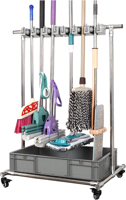 SARKEY Mobile Broom Mop Holder,Rolling Cleaning Tool Organizer Cart,Rolling Janitor Cart On Wheels,Freestanding Cleaning Tool Organizer For Home,Garage,School,Hotel(90x50x105cm(35x20x41in))