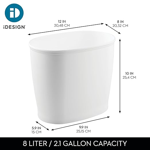 iDesign Slim Plastic Bathroom Trash Can, Small Garbage Bin for Bedroom, Office, Desk, Dorm, White