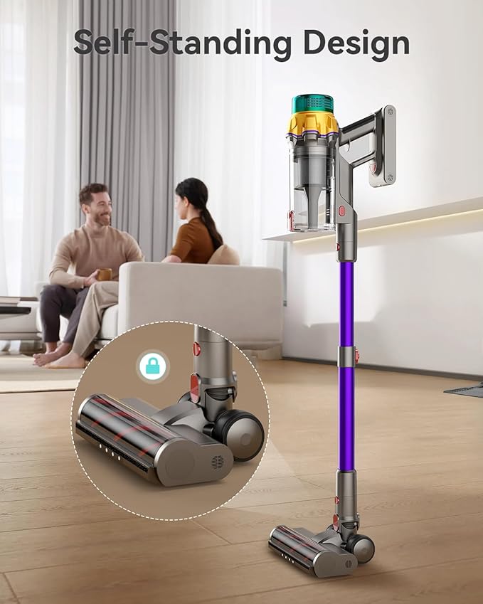Cordless Vacuum Cleaner, 55KPA 65Mins XL Dust Cup Vacuum Cleaners for Home, Stick Vacuum with Anti-Tangle Brush,LED Display,Self-Standing, Vacuum Cordless for Hardwood Floor, Carpet, Pet Hair,Purple
