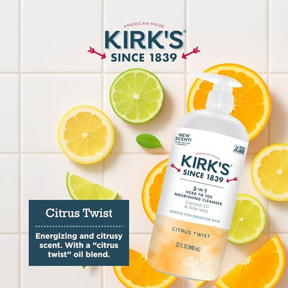 Kirk's Citrus Twist 3-in-1 Nourishing Cleanser, Shampoo Body Wash Bubble Bath, Coconut Oil and Aloe Vera, Vegan Non-GMO, 32 Fl Oz