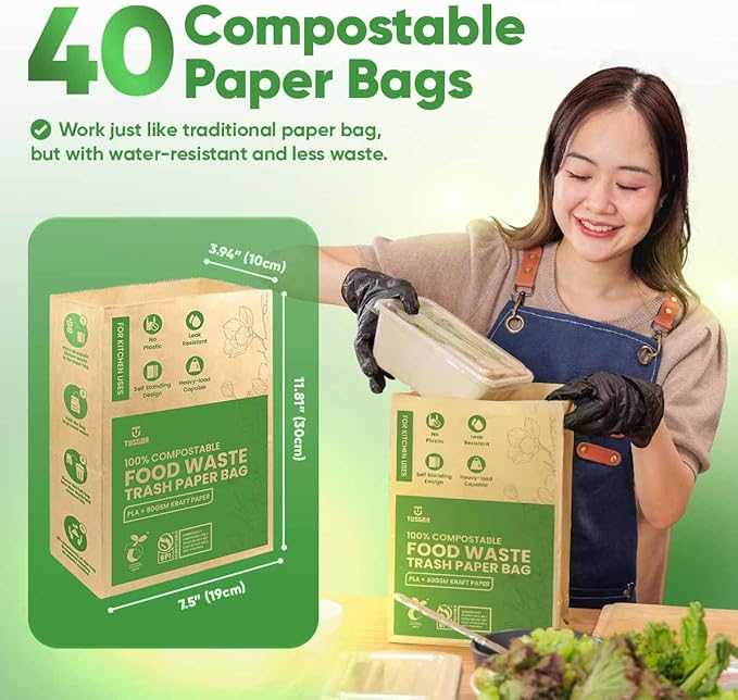 Kitchen Food Waste Bags – 40 bags – 100% Compostable Paper – Leak-resistant liner – Completely Plastic-free & Environmentally Friendly – Certified by BNQ & BPI - 40 Brown Paper Compostable Bags (40)