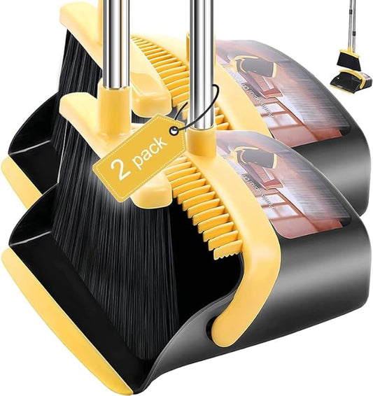 2-Pack is More economical,Brooms with Dustpan Combo Set， with 52" Long Handle, Dustpan Teeth with self-Cleaning Function, Indoor and Outdoor Sweeping, Perfect for Home Office (Large/Yellow/ 2-Pack)