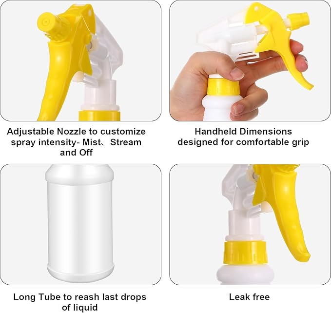 Eccliy 12 Pcs 16 Oz Plastic Spray Bottle, Adjustable Empty Reusable Sprayer for Cleaning, Planting, Water, Bathroom and Kitchen, BBQ, Commercial and Residential (Original,Black,Yellow)