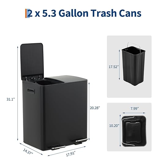 Garvee Dual Compartment Trash Can, 2 x 5.3 Gal (2 x 20L) Stainless Steel Recycling Bin with Foldable Foot Pedal & Soft-Close Lid, Kitchen Garbage & Recycle Combo - Black