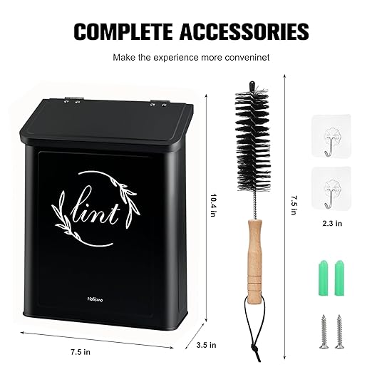 Magnetic Lint Bin for Laundry Room, Metal Lint Trash Can with Lid for Dryer, Wall Mounted Lint Holder Box with Lint Brush, Modern Farmhouse Laundry Room Decor, Black