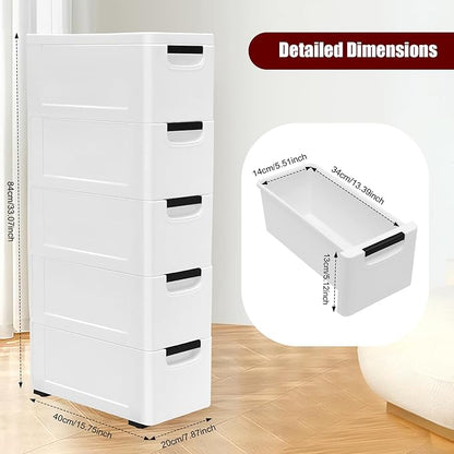 5 Drawers Narrow Slim Plastic Storage Cabinet,Storage Drawer with 4 Wheels,5 Tier Drawers Dresser,White