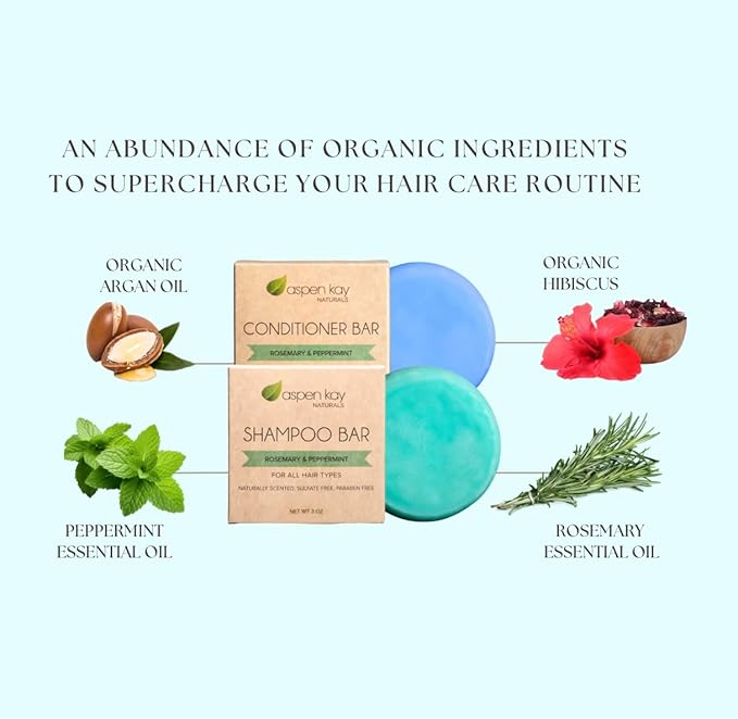 Peppermint & Rosemary Shampoo & Conditioner Bar Set, Organic, Vegan, Volumizing, Hydrating Argan Oil Conditioner & Shampoo for Curly or Straight Hair, Paraben & Sulfate Free, Made in USA
