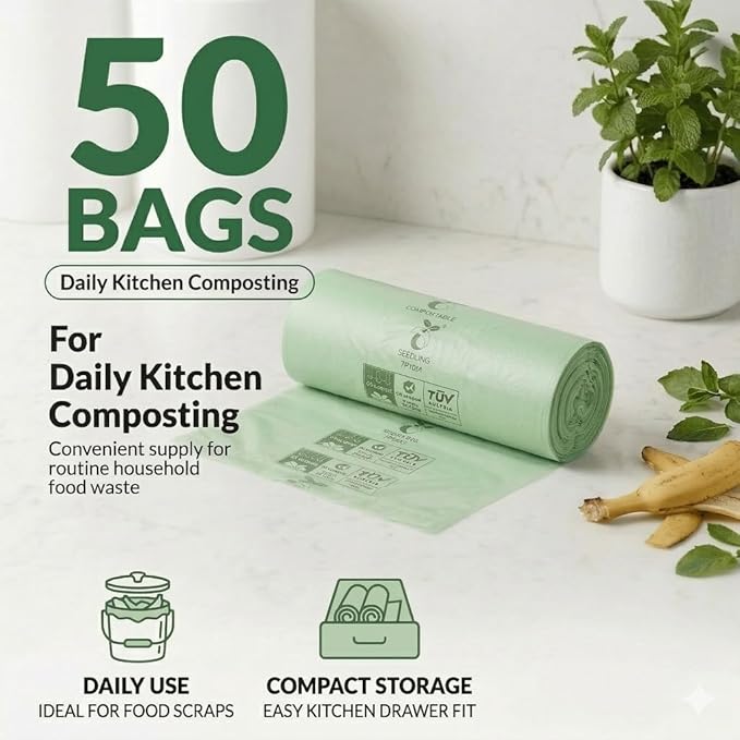 C Crystal Lemon 50 Count Biodegradable Kitchen Food Waste Bags - 6 Gallon Scraps Bags - Heavy Duty Compostable Waste Bags for Kitchen - Unscented Trash Bags 6 Gallon for Yard, Food