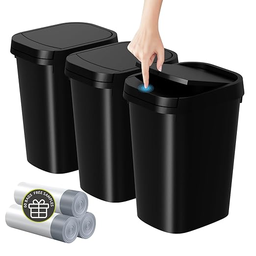 KSSKSS 3 Pack Bathroom Small Trash Can with Lid, 2.6 Gallon Slim Garbage Bin with Pop-Up Lid, 10L Plastic Wastebasket for Bedroom, Office, Kitchen, Toilet (Matte Black)