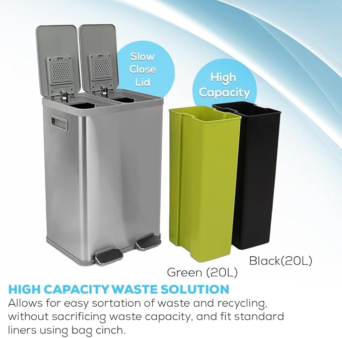 40 Liter Rectangular Hands-Free Dual Compartment Recycling Kitchen Step Trash Can with Soft-Close Lid, Brushed Stainless Steel (2 x 20L Capacity)