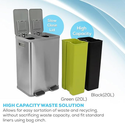 40 Liter Rectangular Hands-Free Dual Compartment Recycling Kitchen Step Trash Can with Soft-Close Lid, Brushed Stainless Steel (2 x 20L Capacity)