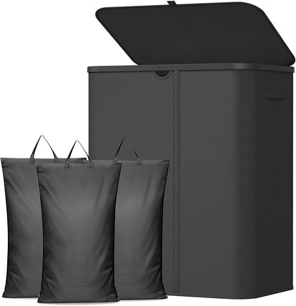 Lifewit 185L Large 3 Section Laundry Hamper with Lid, Plastic Laundry Basket with Bamboo Handles and Removable Bags, Tall Foldable Clothes Hamper for Bathroom Bedroom, Black