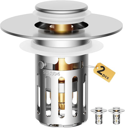 5-in-1 Bathroom Sink Stopper, 2 Pc Pop-Up Drain Stopper with Removable Hair Catcher, Anti-Clog Strainer, Odor Blocking & One-Way Flow Design, All Metal Brass Core & Stainless Steel, Fit 1.1"–2.36"