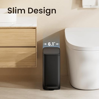 Cesun Small Bathroom Trash Can with Lid Soft Close, 6L/1.6 Gallon Stainless Steel Slim Garbage Can with Foot Pedal and Removable Inner Bucket, Slim Wastebasket for Bathroom, Office, Toilet (Black)