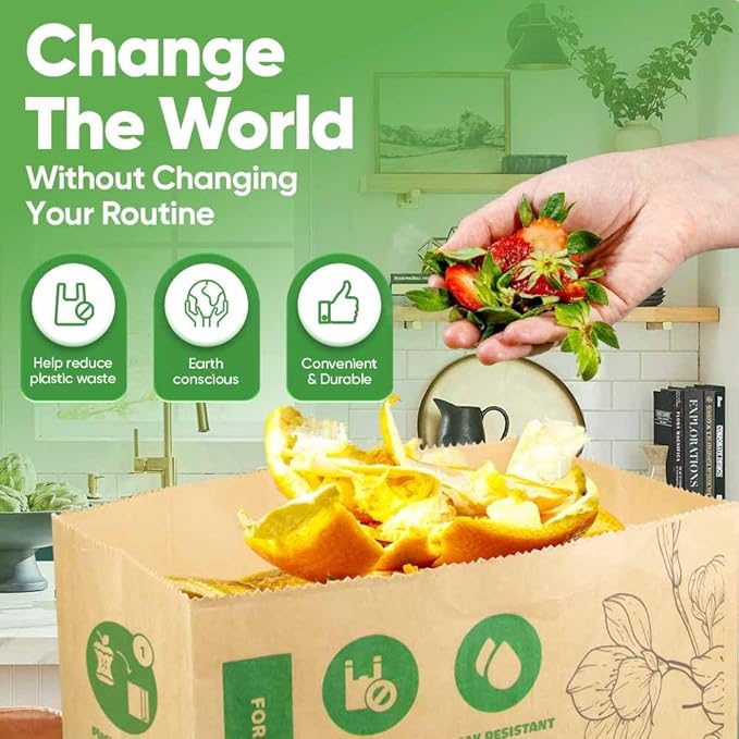Kitchen Food Waste Bags – 40 bags – 100% Compostable Paper – Leak-resistant liner – Completely Plastic-free & Environmentally Friendly – Certified by BNQ & BPI - 40 Brown Paper Compostable Bags (40)