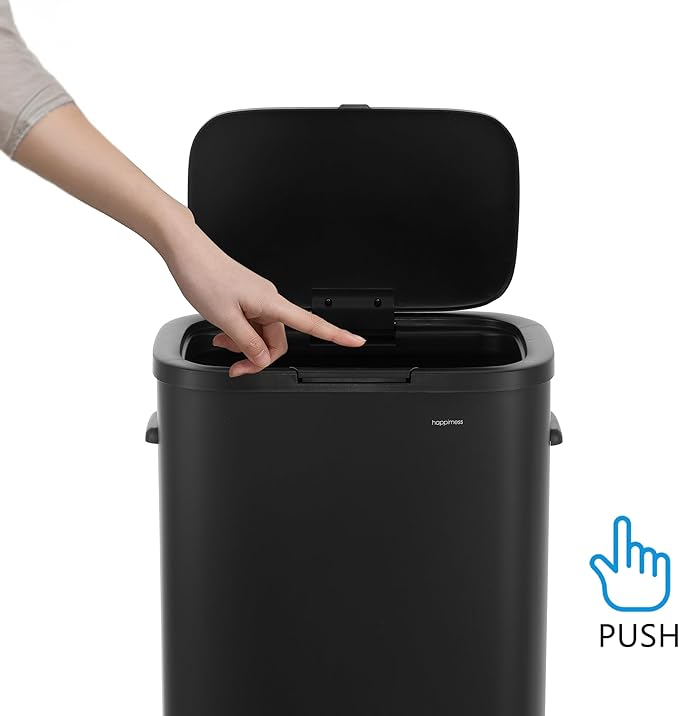 happimess HPM1017B Tammi Kitchen 14.5-Gallon Slim Metal Push Button Trash Can, Fingerprint Resistant, Modern, Minimalistic for Home, Kitchen, Laundry Room, Office, Bedroom, Bathroom, Charcoal Black