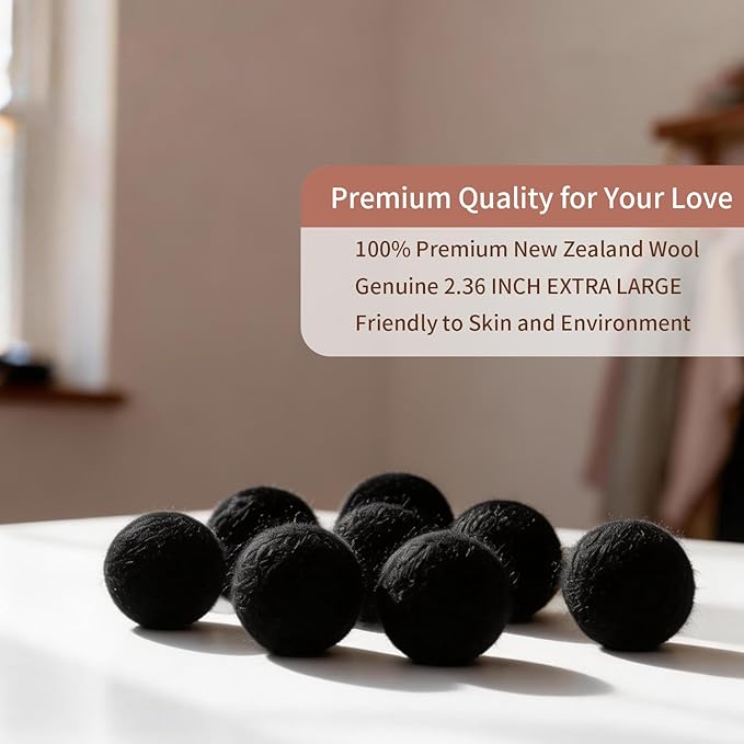 Wool Dryer Balls, New Zealand Dryer Balls Laundry Reusable Reduce Static Cling, Dryer Ball to Reduce Wrinkles & Shorten Drying Time, Drying Balls for Laundry(Pack of 6) (Black-Lamb)