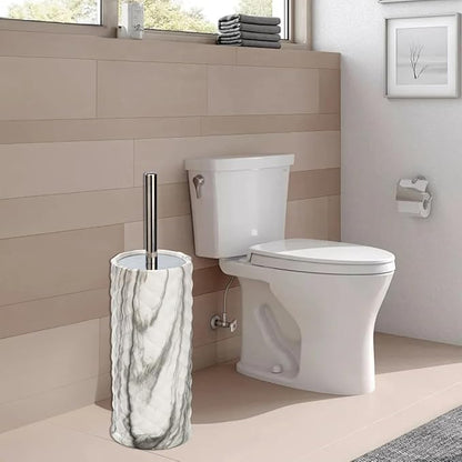 J&V TEXTILES Ceramic Toilet Brush, Toilet Bowl Brush with Extra Long Handle Durable Bristles Toilet Scrubber and Covered Holder for Toilet Brush Set for Bathroom Cleaning (Chrome/Marble)