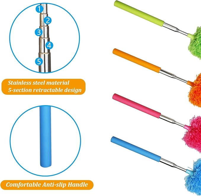 4 Pcs Washable Microfiber Feather Duster, with Extendable Pole and Bendable Head, Microfibre Cleaning Tool for Cleaning Office, Car, Computer, Furniture, Sofa, Blue,green,orange,red