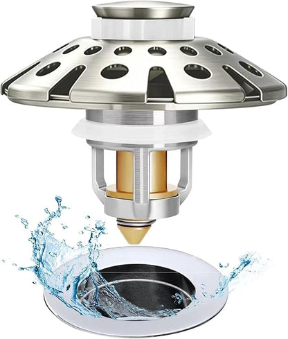 AzWzz Bathroom Sink Drain Strainer, 3 in 1 Pop Up Bathroom Sink Stopper Plug with Hair Catcher Cover, Universal for 1.06 in to 1.6 in Sink Drain, Brushed Nickel