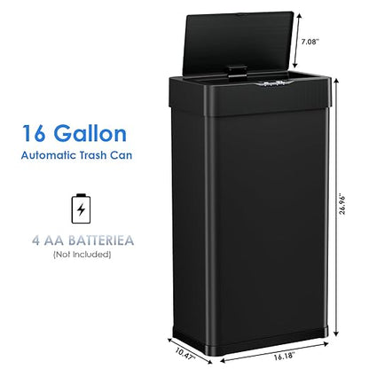 Sensor Trash Can, Touchless Motion Sensor Trash Bin, Smart Automatic Garbage Can with Soft-Close Lid, Bag Retainer Ring and Display Light,for Kitchen,Living Room Office (Black, 16 Gal)