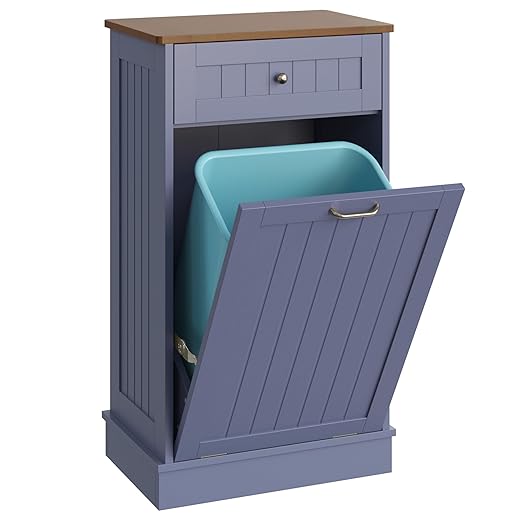 LOUVIXA Tilt Out Trash Can Cabinet, Hidden Trash Cabinet with Drawer, Wooden Dog Proof Trash Can Holder, Tilt Out Laundry Hamper, Garbage Can Holder (Gray-Blue)