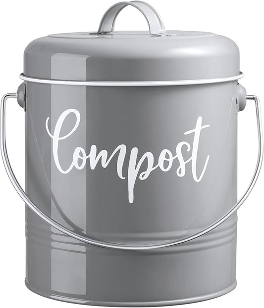 DAYYET Gray Compost Bin Kitchen, 1.3 Gallon Farmhouse Kitchen Compost Bin Countertop with Lid and Charcoal Filters, Indoor Compost Bucket for Decor and Accessories