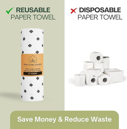 Reusable Paper Towels (12"x10”) - Soft Absorbent 100% Washable Paper Towels - Reusable Paper Towels Washable w/Cardboard Roll - Reusable Napkins (Minimalist, 12x10inch)