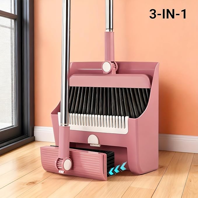 3 in 1 Broom and Dustpan Set with Adjustable Push Broom with 48.8“ Long Handle for Floor Sweeping Outdoor Indoor Sweeping Combo for Home & Kitchen (Pink)