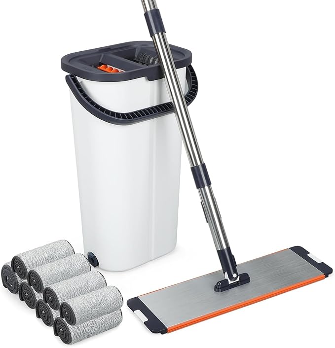 Easy Wring Washable Mop Bucket Set, Household, Durable Sturdy Aluminum Flat Mop Head with 8 Reusable MicrofibeDual Chamber Design, Dry and Wet Use Suitable for All Floors 16 Inch