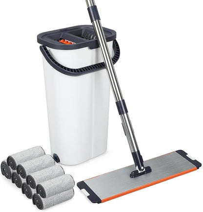 Easy Wring Washable Mop Bucket Set, Household, Durable Sturdy Aluminum Flat Mop Head with 8 Reusable MicrofibeDual Chamber Design, Dry and Wet Use Suitable for All Floors 16 Inch
