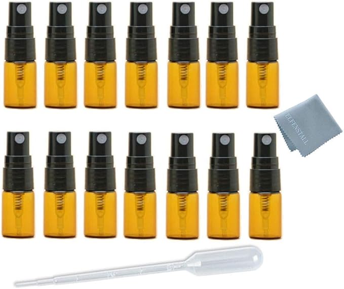 ELFENSTALL- 30pcs 2ml Brown Amber Fine Mist Mini Atomizer Vial Small Glass bottle Spray Refillable Perfume Empty Sample Bottle Clean Cloth 3ML Pipette Dropper for Travel Party