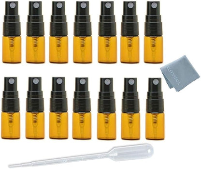 ELFENSTALL- 30pcs 2ml Brown Amber Fine Mist Mini Atomizer Vial Small Glass bottle Spray Refillable Perfume Empty Sample Bottle Clean Cloth 3ML Pipette Dropper for Travel Party