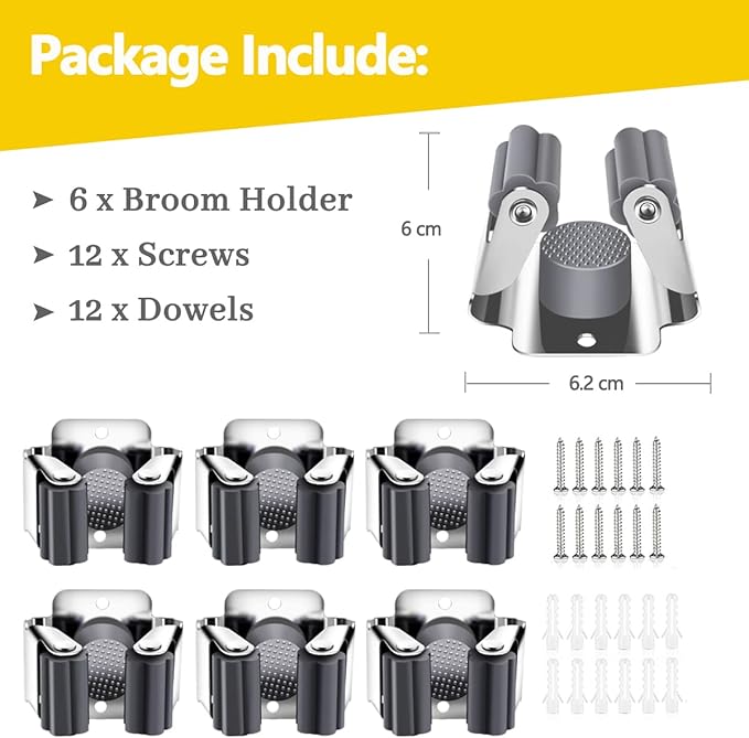 Verdenu 6 Pack Broom Holder Wall Mount, Mop and Broom Holder Wall Mount, Stainless Steel Command Broom Holder with Screws, Garden Tool Storage Organizer for Kitchen, Home, Bathroom, Garage, Grey