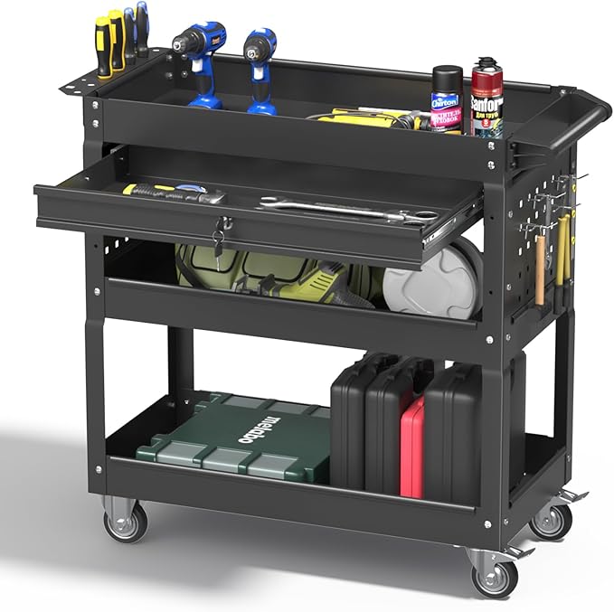 3 Tier Rolling Tool Cart with Drawers, 400 LBS Capacity Mechanic Tool Cart on Wheels, Heavy Duty Utility Cart with Pegboard, Metal Work Cart for Garage and Repair Shop, Matte Black
