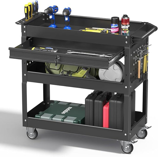 3 Tier Rolling Tool Cart with Drawers, 400 LBS Capacity Mechanic Tool Cart on Wheels, Heavy Duty Utility Cart with Pegboard, Metal Work Cart for Garage and Repair Shop, Matte Black