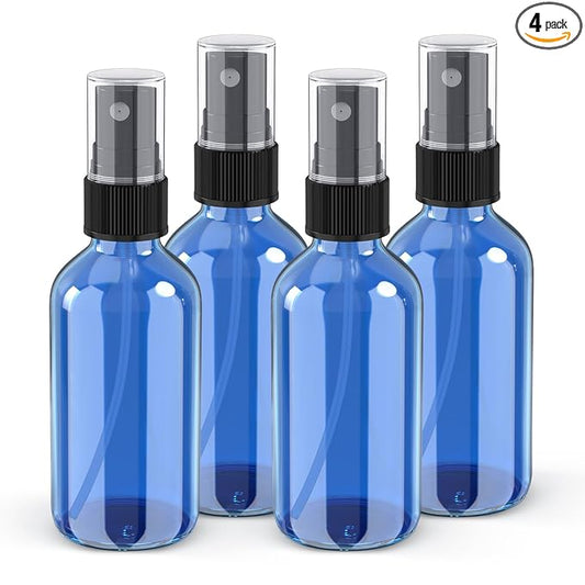 Wedama 2 oz Mini Glass Spray Bottles, Empty Small Spray Bottles with Funnel Dropper, Fine Mist for Hair, Travel, Plants, Cleaning Solutions and Skin Care (4 Pack Sky Blue)