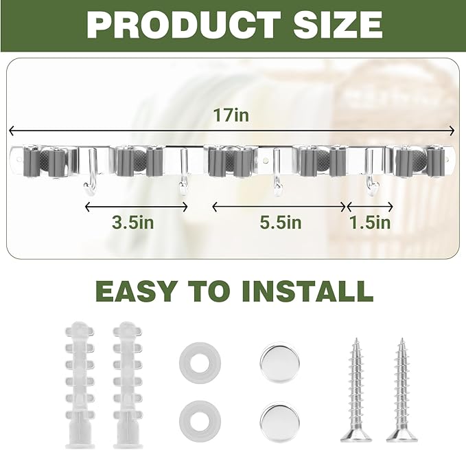 UNIFUN Broom Holder Wall Mount, Broom Organizer Wall Mount Stainless Steel Broom and Mop Hanger Heavy Duty Storage Organization for Home Kitchen Garden Garage Room 5 Racks 4 Hooks (2PACK)(Grey Racks)